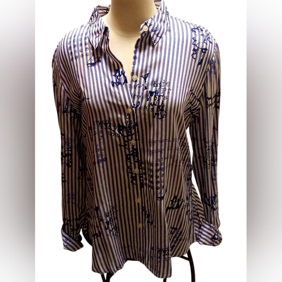 Chico’s - NWT- HI/Lo,  Long Sleeve Blue White Stripe Print Peplum Shirt, Size- 1 - Picture 10 of 13